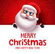 © AmazeinDesign - Santa claus vector christmas greeting card template. Santa claus character holding white board with christmas greeting text for holiday season in white with empty space for messages in red background.