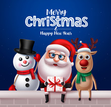 Christmas Santa Claus Characters Greeting Card Design. Santa Claus, Reindeer And Snowman Vector Characters Sitting Outside Holding Gifts With Merry Christmas Text In Blue Night Background. 
