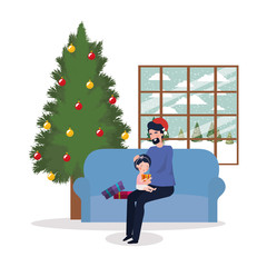 Poster - father and daughter with pine tree christmas celebration