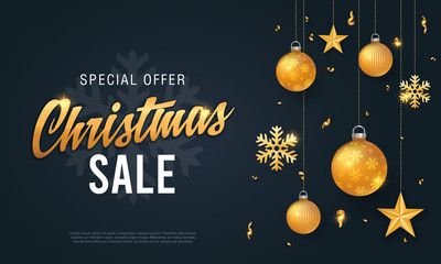 Christmas sale banner black background template with glitter gold elements, snowflakes, stars