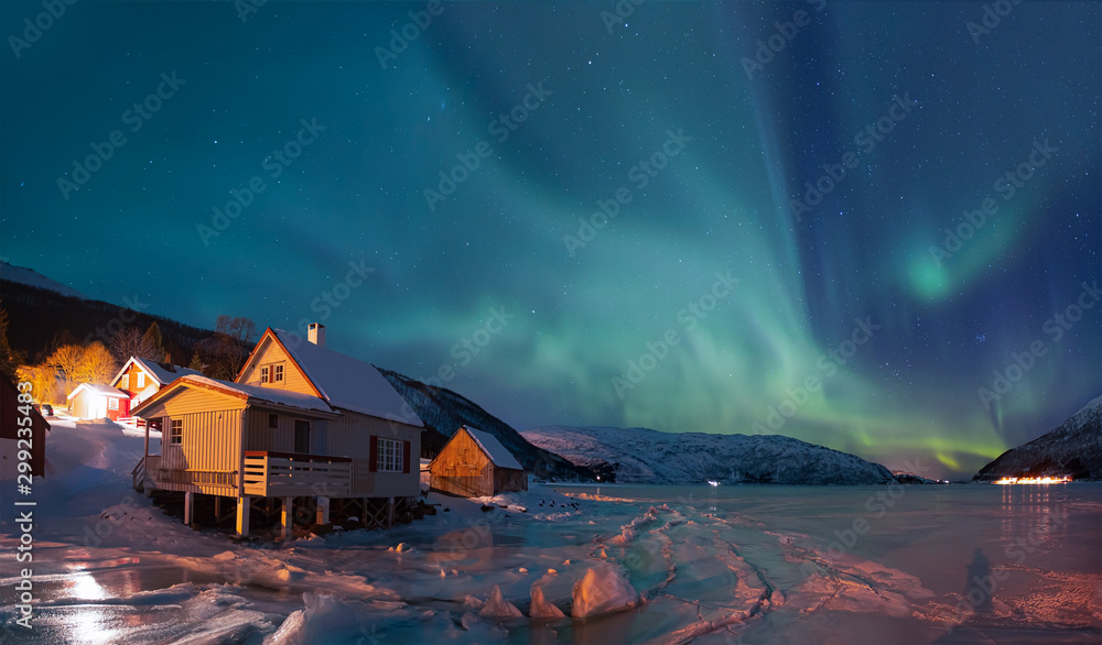 Northern lights (Aurora borealis) in the sky over Tromso, Norway - obrazy, fototapety, plakaty 