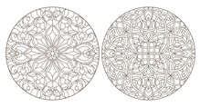 Set Contour Illustrations Of Stained Glass, Round Stained Glass Floral Ornaments , Dark Outline On A White Background