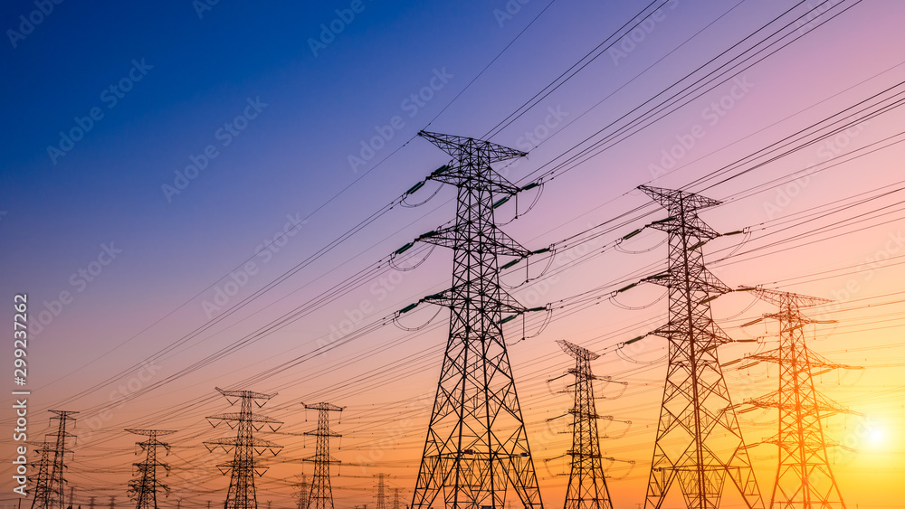 High voltage electricity tower sky sunset landscape,industrial background. - obrazy, fototapety, plakaty 