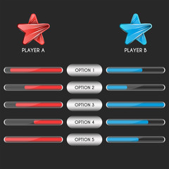 Comparison table of two players of a sports team or esport players for a computer game with progress bars. Compare graph design template