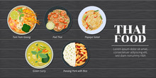 Tom Yum Kung,pad Thai,papaya Salad,green Curry,panang Pork With Rice Thai Spicy Food Vector Set Collection Graphic Design