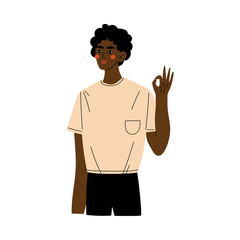 Sticker - Young African American Man Showing Okay or Ok Sign, Guy Doing Approval Gesture Vector Illustration