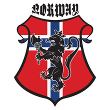 Classic Heraldic Royal Emblem. Vintage Heraldic Royal Lion With A Axe, Heraldic Shield And Flag Of Norway