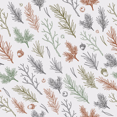 Naklejka na meble Winter forest branches and leaves seamless pattern. Botanical vintage illustration. Vector illustration