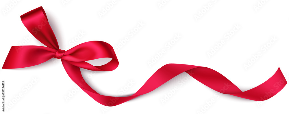  Decorative red bow with long ribbon isolated on white background. Holiday decoration. Vector illustration - obrazy, fototapety, plakaty 
