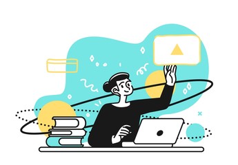 Wall Mural - online education courses concept illustration. smiling student satisfied with learning during online