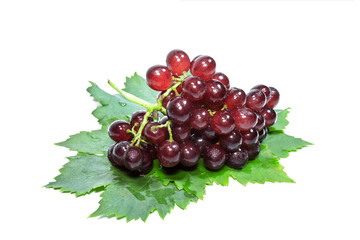 Wall Mural - red grapes and leaves with water drops,isolated on white background