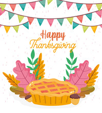 Happy Thanksgiving Invitation Poster Cake Acorns Foliage Garland