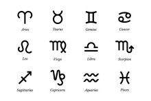 Flat Schematic Zodiac Signs Set With Lettering