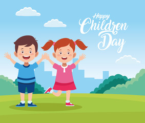 Poster - happy children day celebration with kids in the field