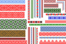 Set Of Editable Ukrainian Traditional Seamless Ethnic Patterns For Embroidery Stitch. Vintage Floral And Geometric Ornaments. 