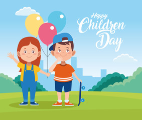 Sticker - happy children day celebration with kids and balloons helium in the field