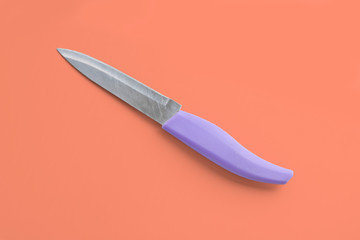 Kitchen utensils - a small knife for vegetables with a plastic handle on a coral background. Cooking tools.