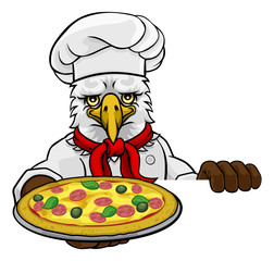 Poster - An eagle chef mascot cartoon character holding a pizza peeking round a sign