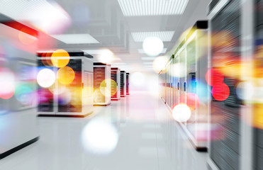 Canvas Print - Servers data center room with bright bokeh light going through the corridor 3D rendering