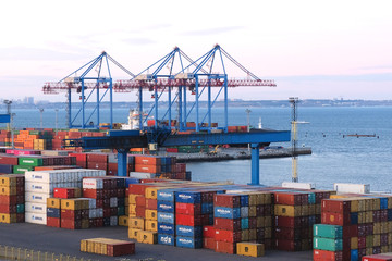 shipping containers in the port near the sea. Odessa port