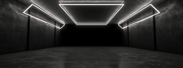 Wall Mural - White neon lamps in a dark tunnel. Reflections on the walls.