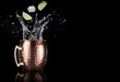 lime and ice falling into a splashing moscow mule cocktail isolated on black background
