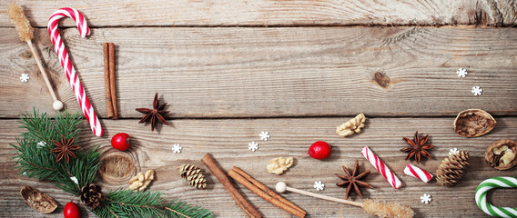 Poster - Christmas decorations on wooden background