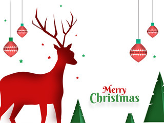 Canvas Print - Red silhouette of reindeer with hanging baubles and xmas tree on white background for Merry Christmas celebration.