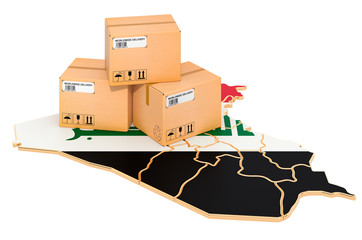 Parcels on the Iraqi map. Shipping in Iraq, concept. 3D rendering