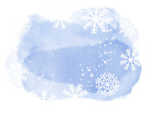 Abstract Winter Landscape On Light Blue Watercolor Spots With Snowflakes On White Background And Copy Space.