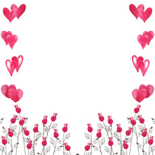 Symmetric Decorative Romantic Frame Of Simple Drawn Red Double Hearts On Vertical Order And Mini Roses On Black Stems On Down Line. Watercolor Hand Painted Elements Isolated On White Background.