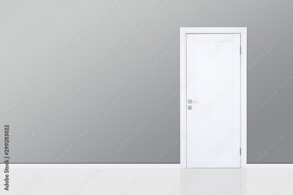 Close up of closed wooden door in the empty room with copy space - obrazy, fototapety, plakaty 