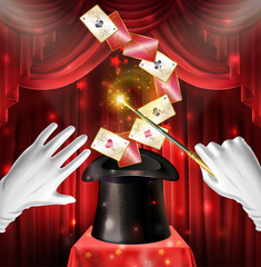 Magic show trick with playing cards flying out of black top hat, hands in white gloves hold wand on red draped backstage background. Magician entertainment performance Realistic 3d vector illustration