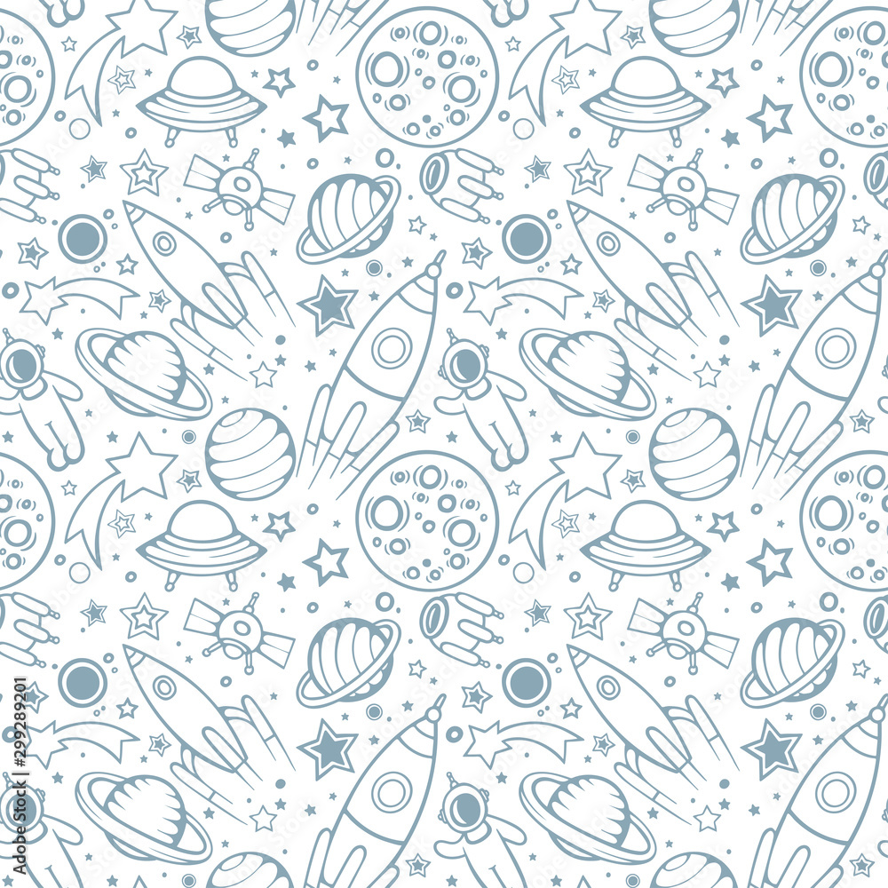 Space seamless pattern for Kids. Hand drawn space, spaceships, rocket ...