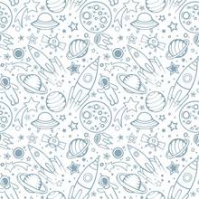 Space Seamless Pattern For Kids. Hand Drawn Space, Spaceships, Rocket, Ufos, Comets And Planets With Stars. Trendy Kids Vector Background. Hand Drawn Space Elements Seamless Pattern. Space Doodle Back