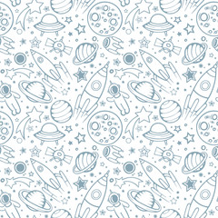 Space seamless pattern for Kids. Hand drawn space, spaceships, rocket, ufos, comets and planets with stars. Trendy kids vector background. Hand drawn space elements seamless pattern. Space doodle back