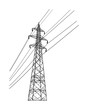 © dovla982 - High voltage power line electric transmission tower vector silhouette isolated on white. Electricity consumption, production and distribution. Electric tower post pylon with cables.
