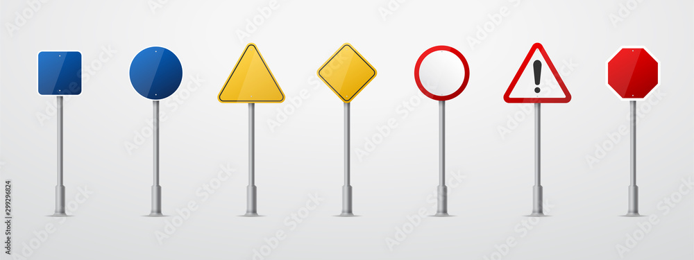 Road signs. Vector red, green and yellow empty road sign mock up with place for text or symbol