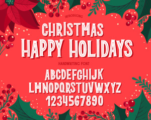 Wall Mural - Christmas font. Holiday typography alphabet with festive illustrations and season wishes.