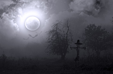 Wall Mural - Night foggy mystical garden and a scarecrow against the backdrop of the full moon