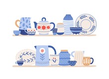 Beautiful Handmade Ceramics On Shelves Flat Vector Illustration. Clean Dishes. Decorative Tableware Isolated On White Background. Kitchen Utensils And Dinnerware. Restaurant Faience.