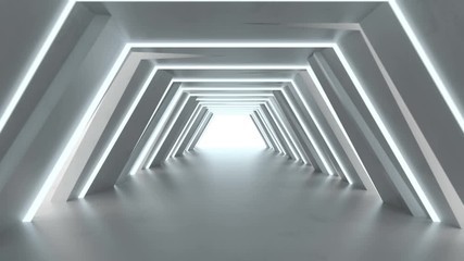 Wall Mural - Futuristic tunnel with fluorescent lights. Sci-fi interior corridor. 3D render seamless loop animation 4k UHD 3840x2160