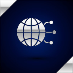 Silver Global technology or social network icon isolated on dark blue background. Vector Illustration