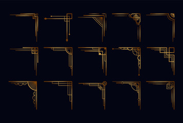 Vintage art deco corner set. Vector golden geometric template in style of 1920s, artdeco corners for borders and frames