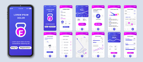 Fitness application smartphone interface vector templates set. Web design UI kit. Workout dashboard. Mobile web page modern design layout. Pack of UX, GUI screens for apps. Phone display