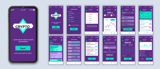 Cryptocurrency smartphone interface vector templates set. Financial app. Mobile wallet. Web page design layout. Pack of UI, UX, GUI screens for application. Phone display. Web design kit