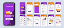 Education Mobile App Smartphone Interface Vector Templates Set. Online Courses Web Page Design Layout. Remote Studying. Pack Of UI, UX, GUI Screens For Application. Phone Display. Web Design Kit