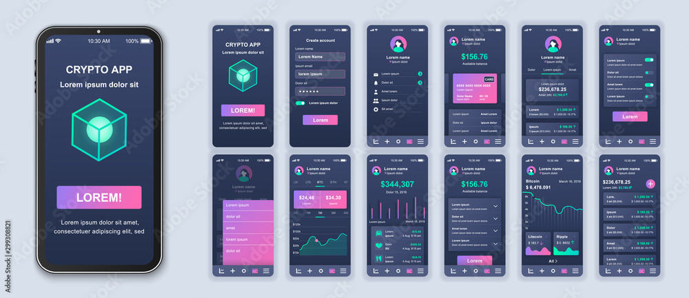 Cryptocurrency app smartphone interface design vector templates set. Mobile wallet. Crypto blockchain. Investing online. Web page design layout. Pack of UI, UX, GUI screens for application kit - obrazy, fototapety, plakaty 