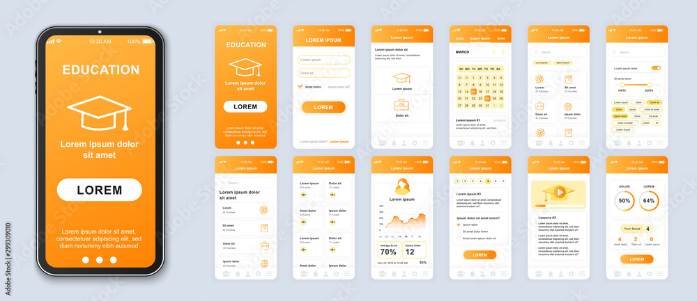 Education smartphone interface vector templates set. Studying online mobile app orange web design layout. Pack of UI, UX, GUI screens for application. Phone display. Web design kit - obrazy, fototapety, plakaty 