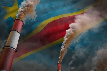 Democratic Republic of Congo pollution fight concept - two big factory chimneys with dense smoke on flag background, industrial 3D illustration